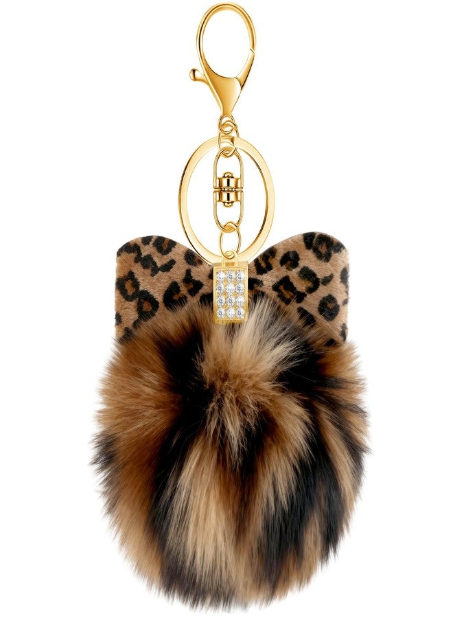 PLwelth Pom Pom Keychain for Women Girls Leopard Print Bag Charms for Handbags Plush Pluffy Ball Bow Keyring for Car Keys Backpack Tote Bag Cheetah Charm Accessories Halloween Birthday Christmas Gifts - Image 1